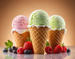 Three Small Cornet Ice Creams With Assorted Berries As Decoration, Ai Illustration