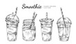 Vector set of smoothie icons in bottles and plastic cups with striped paper tubes in sketch style