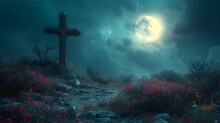   A Cross Atop A Hill Against A Night Backdrop, The Full Moon Casting Its Light Downward, Wildflowers Adorning The Foreground