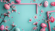 Easter colored eggs with spring flowers on pastel blue background, copy space, top view. Beautiful simple AI generated image in 4K, unique.