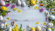 Background with frame of spring tulips and Easter eggs with place for text. Top view. Beautiful simple AI generated image in 4K, unique.