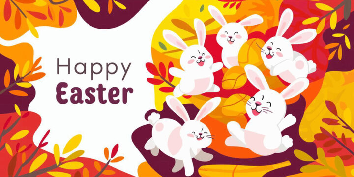 Happy Easter banner with cute bunnies and autumn leaves. Vector illustration