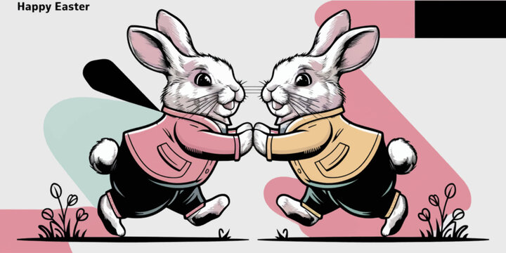 Happy Easter greeting card with two bunnies modern design vector illustration