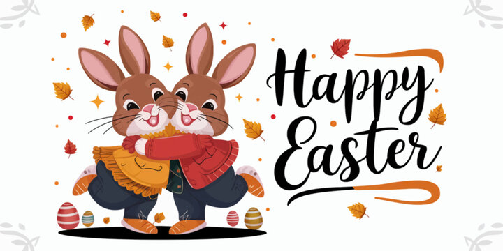 Happy Easter greeting card with cute bunny and leaves. Vector illustration.