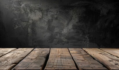 Poster - Empty old wood table and black background for product display presentation with dark concrete wall in the back Generative AI