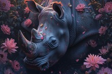   A Rhinoceros Painting With Pink Flowers Adorning Its Back And An Erect Head