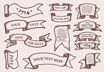 Poster - Ribbon banners. Retro hand drawn label, old line flag elements, scroll frame antique shapes. Copy space for text. Emblem and label decoration. Placards old tapes. Vector antique design set