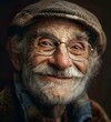 Close up portrait of happy 80-year-old optimist senior man in eyeglasses, with smiling wrinkled face, dressed in hat. Positive and cheerful at any age.