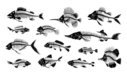 Fish bone. Water animal skeleton black silhouette. Fishing icon. Predatory carp. Fishery with river swordfish. Skull and spine. Aquatic creature shapes. Vector seafood flat symbols set