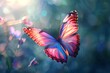 Brightly painted butterfly soaring, wings fully spread, soft backlight, high detail
