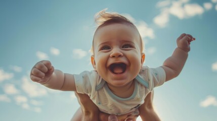 Wall Mural - A baby smiling while being held up in the air by their parent.