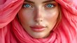   A woman with freckled hair and blue eyes wears a pink scarf around her neck and a pink headscarf on her head