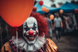 Generated with AI picture of creepy monster horrible clown from movie in amusement park