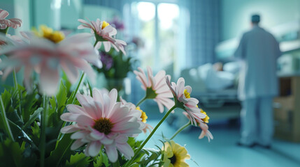 Wall Mural - Flowers in the foreground with a hospital room blurred in the background