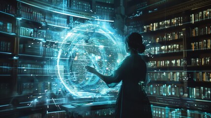 Wall Mural - A woman is standing in front of a computer screen that shows a globe. She is reaching out to touch the globe
