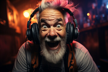 Poster - generative ai image of funny gamer in headphones and playing online game on pc computer