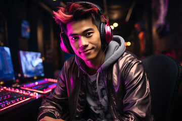 Poster - generative ai image of funny gamer in headphones and playing online game on pc computer