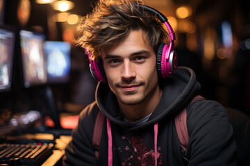 Poster - generative ai picture of gamer playing game with computer on dark background