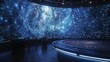 A large blue screen with a starry sky and a planet in the middle. The planet is surrounded by a ring of stars