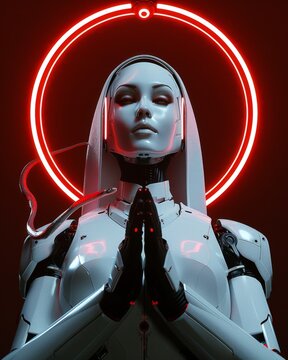 Nun religious robot of the future in cyberpunk style, neon light, cross crucifix, nimbus, praying to Jesus