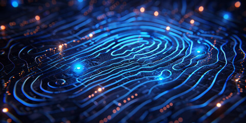 Poster - a biometric led digital touchpoint with blue light ,fingerprint scanning, biometric authentication, 