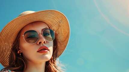 Wall Mural - A beautiful young woman wearing a stylish hat and sunglasses striking a pose against the sky.