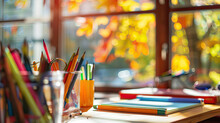 Cozy Autumn Classroom, Sunlight On Desks, Colorful School Supplies, Space For Text, Vibrant, Welcoming