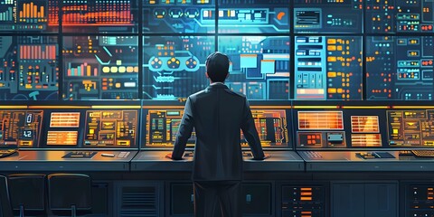 Poster - Powerful Boss in Futuristic Control Room Overseeing Opportunities and Data Analytics on Multiple Displays