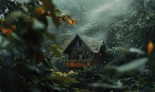 A Cozy Cabin Nestled In A Lush Forest, Surrounded By Mist And Raindrops Glistening On The Leaves