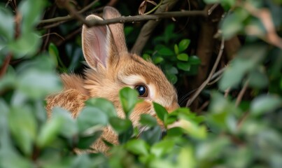 Wall Mural - A fluffy brown bunny peeking out from behind a bush