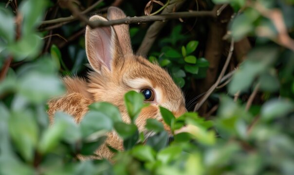 A fluffy brown bunny peeking out from behind a bush