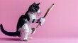 Tuxedo Cat Playing Cricket with Protective Gear Against Lavender Background