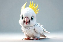 Adorable 3d Rendered Cute Happy Smiling And Joyful Baby Sulphur Crested Cockatoo Cartoon Character On White Backdrop