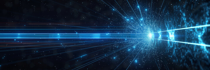 Poster - a single beam of light, laser, composed by glowing lines and dots in blue color on black background.