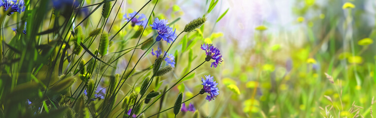 Web banner with beautiful cornflowers in the meadow, warm light of a summer sunset, web banner or panorama for website design or natural cosmetics advertising concept