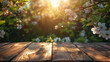 Wooden part of table against blurred background of soft sunlight in summer garden Generative AI. Beautiful simple AI generated image in 4K, unique.