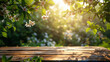 wooden green blur table picnic illustration background summer, park garden, nature outdoor wooden green blur table picnic. Beautiful simple AI generated image in 4K, unique.