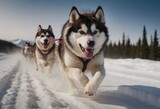 Fototapeta Psy - front view at four siberian huskys at race in winter