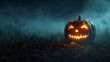 One spooky halloween pumpkin, Jack O Lantern, with an evil face and eyes on a wooden bench, table with a misty gray coastal night background 