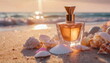 Perfume bottle mockup on sand on beach, elegance perfumery