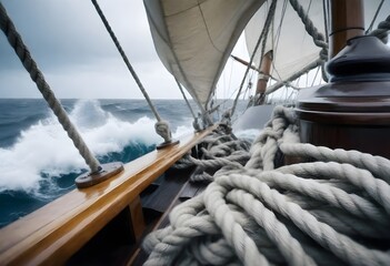 ropes and sails flapping wildly in strong winds