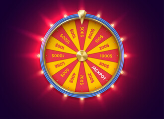 Canvas Print - Yellow fortune wheel at backlight color realistic vector illustration. Gambling game chances. Casino roulette 3d object on rouge background