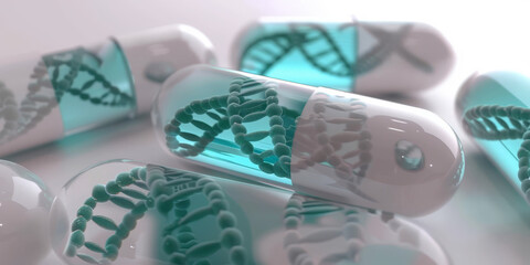 Wall Mural -  A white and green teal pill with DNA structure inside, gen dna repair , healthy concept