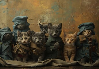 In a baby-cat world, tiny felines in World War 2 soldier uniforms march with determination against a soft pastel backdrop, perfectly aligned by the rule of thirds.