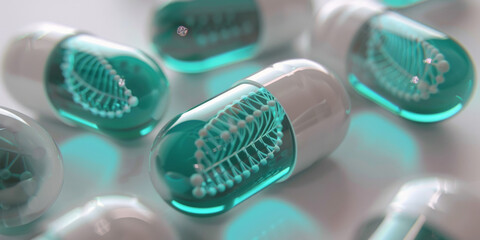  A white and green teal pill with DNA structure inside, gen dna repair , healthy concept