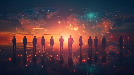 Fototapete - A group of people are standing in front of a globe, with the globe surrounded by a network of lines. Concept of unity and interconnectedness