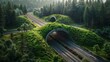 A highway with a tunnel that is covered in green grass. The tunnel is surrounded by trees and the grass is growing on the side of the road