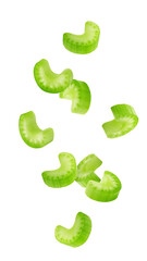 Wall Mural - falling celery slice isolated on white background, full depth of field