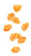 Falling orange slice isolated on white background, full depth of field