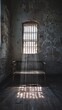 A solitary bed stands in a decaying room, its form highlighted by sunbeams piercing through a barred window, capturing a sense of forgotten stories.
